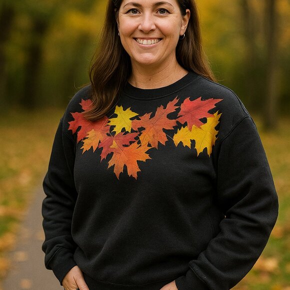 Vintage Tultex Fall Leaves Sweatshirt L Black Handmade Cozy Autumn Vibes 🍁 - Picture 1 of 9